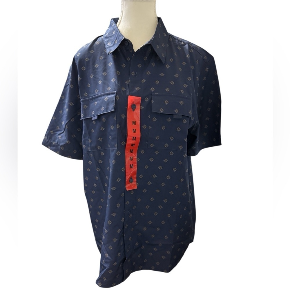 Voyager Men’s Short Sleeve Button-Up Shirt · Size Medium · Navy Compass Print